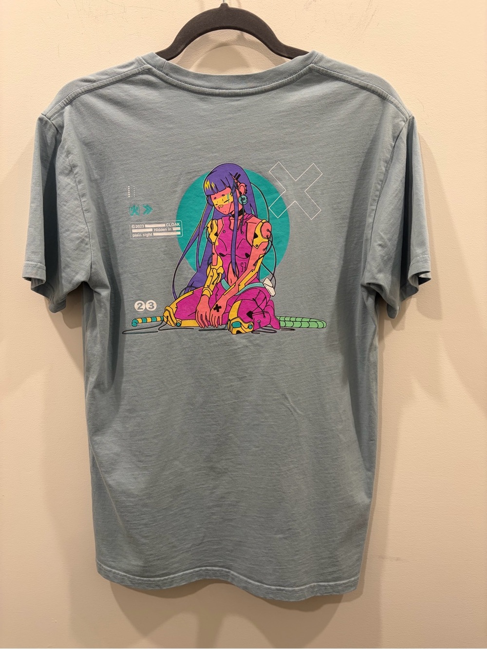 Light Blue Short Sleeve Graphic Tee with Neon Anime Illustration